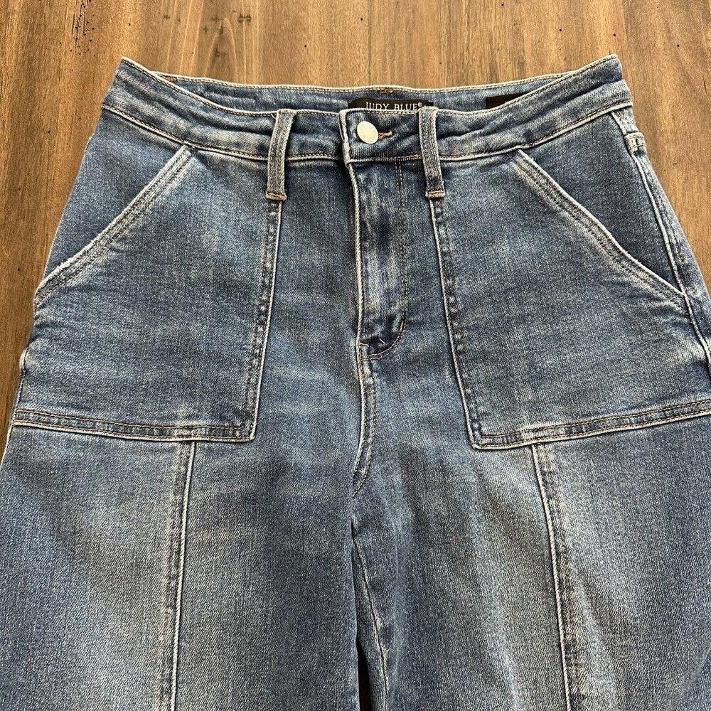 Judy Blue Chic Efforts Cargo Wide Leg Jeans Denim 90s Med Wash Womens Sz 9/29 - Picture 3 of 16